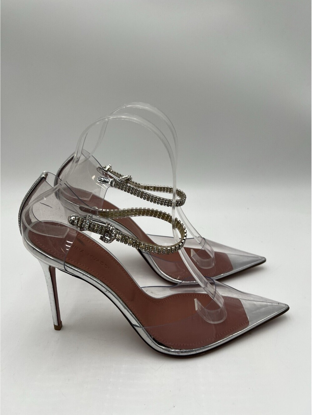 Amina Muaddi Ursina clear PVC crystal ankle strap pumps in silver Size 38